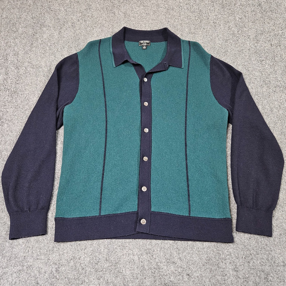 Todd Snyder Italian Merino Wool Cardigan Large Sweater Green Navy Colorblock - Picture 1 of 8